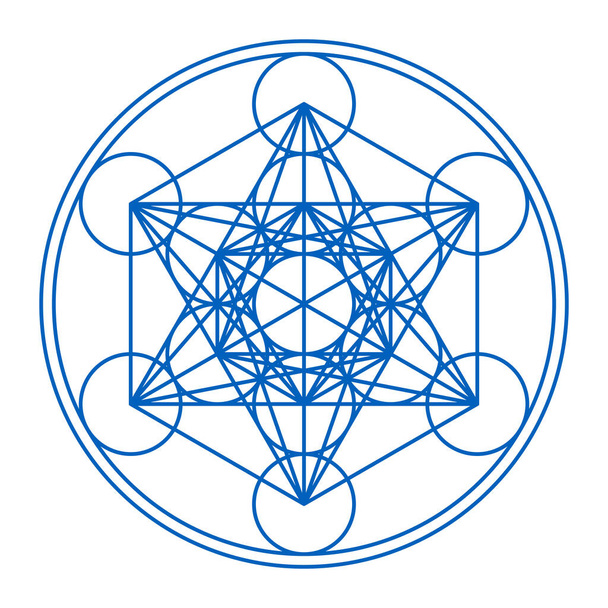 Metatrons Cube framed in two circles. Mystical symbol, derived from the Flower of Life. Thirteen circles are connected with straight lines. Sacred Geometry. Illustration over white background. Vector. - Vector, Image