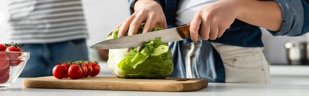 partial view of woman cutting lettuce near ingredients on kitchen table and boyfriend on blurred background, banner - Foto, afbeelding