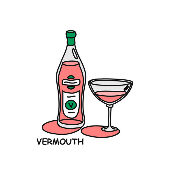 Vermouth beverage. Bottle and glass outline icon on white background. Colored cartoon sketch graphic design. Doodle style. Hand drawn image. Party drinks concept. Freehand drawing style - Vector, Image