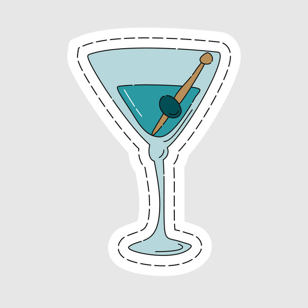 Martini glassware as a sticker. Cartoon sketch graphic design. Doodle style. Colored hand drawn image. Party drink concept for restaurant, cafe, party. Freehand drawing style - Vector, Image