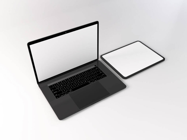 Plantilla de maqueta de dispositivo de computadora portátil y tableta realista - Foto, Imagen