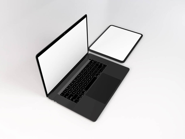 Realistic Laptop and Tablet Device Mockup Template - Φωτογραφία, εικόνα