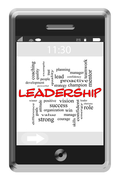 liderlik kelime bulutu kavramı dokunmatik ekran telefon - Fotoğraf, Görsel