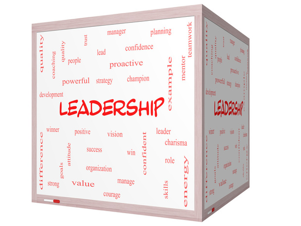 leiderschap woord wolk concept op een 3d cube whiteboard - Foto, afbeelding