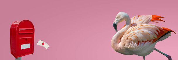Banner with beautiful rosy flamingo waiting for a love letter from a red post box at smooth light pink gradient background with copy space, closeup, details. Love, dating and glamour concept - Photo, Image