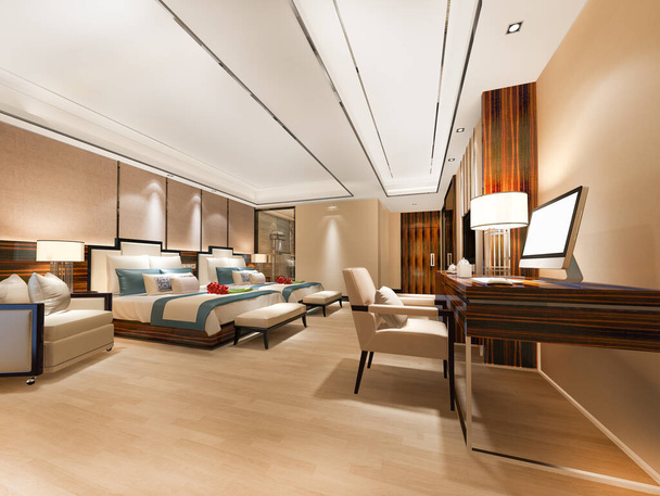 3D-Rendering Luxus-Schlafzimmer-Suite mit Arbeitstisch und zwei Einzelbetten - Foto, Bild