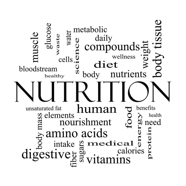 Nutrition Word Cloud Concept em preto e branco
 - Foto, Imagem