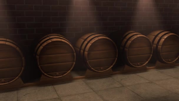 Bodega con barricas de madera de roble con whisky de lujo, cerveza o bebidas alcohólicas - Imágenes, Vídeo