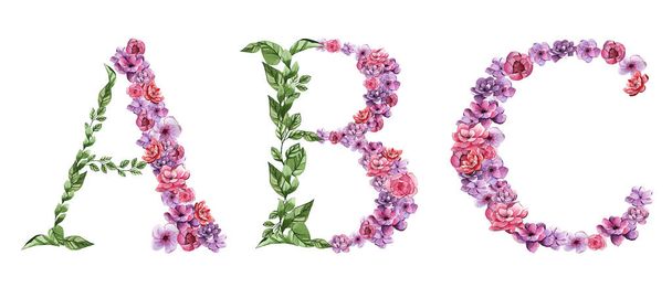 Aakkosten kukkakirjaimet. Vesiväri lila kukkia muodossa kirjeitä. Kukkafontti. Kukka sisustus - Valokuva, kuva