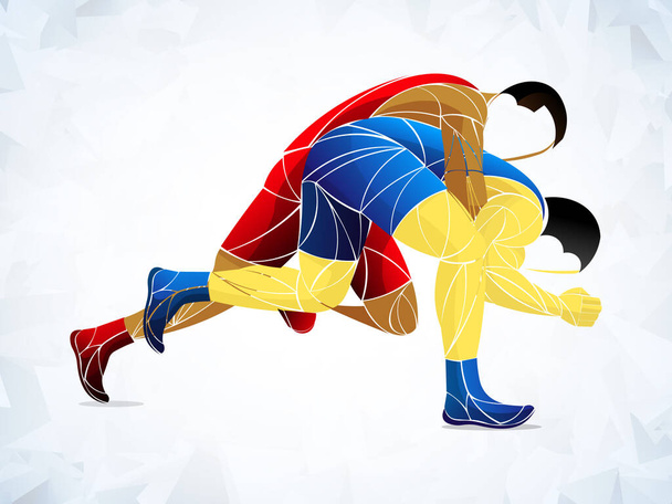 Lucha contra el sambo, judo, karate, taekwondo set. Atletas geométricos, luchadores - Vector, Imagen