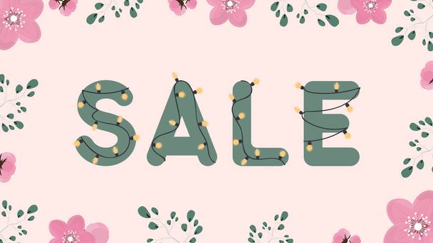 Sale banner. Inscription with bulbs. Pink background with flowers, roses and leaves. Colorful typography design for postcard, banner, poster, card, flyer. - Vector, Image