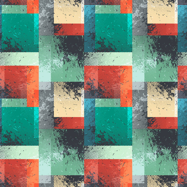  Streszczenie geometryczny bezszwowy wzór z kwadratów kolorów i grunge plamy. Modne tekstury. Nowoczesny abstrakcyjny design plakatu, okładki, tkaniny i innych użytkowników - Wektor, obraz