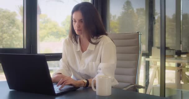Бізнес-леді в білій блузці працює на ноутбуці в офісі з великими вікнами. Відстеження середнього пострілу, повільний рух
. - Кадри, відео
