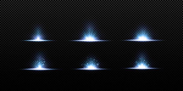 Shining neon stars isolated on black background. Effects, lens flare, shine, explosion, neon light, set. Shining stars, beautiful blue rays. Vector illustration. - Vector, Image