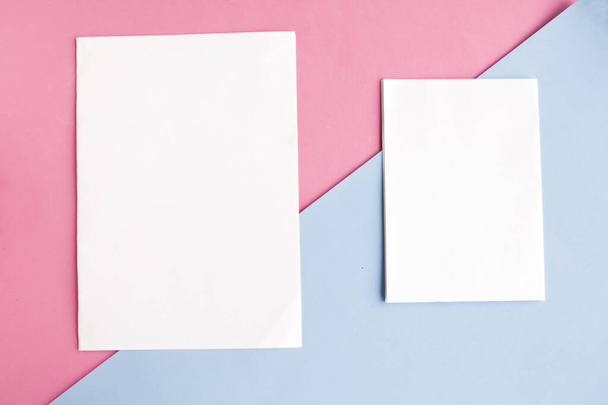 Two white mockup blanks on color geometric background, copy space for the text - Photo, Image