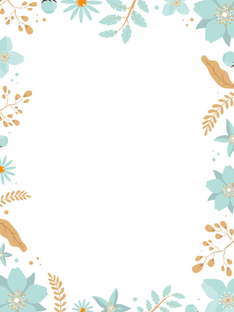 Frame made of flowers and leaves. Ready-made poster in gentle colors with place for text. Wide template for design and print. Green and brown tones. Vector. - Vecteur, image