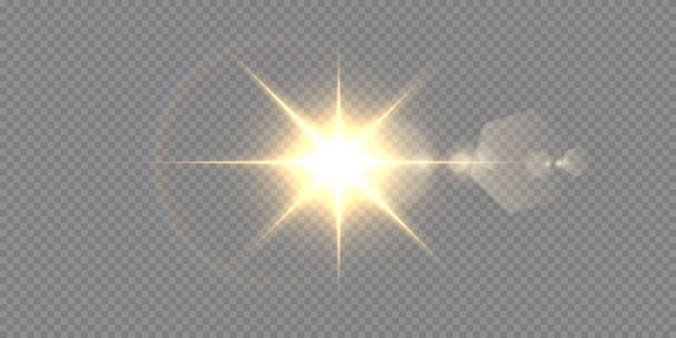The sun is shining brightlight rays with realistic glare. Light star on a transparent black background. - Vector, Image