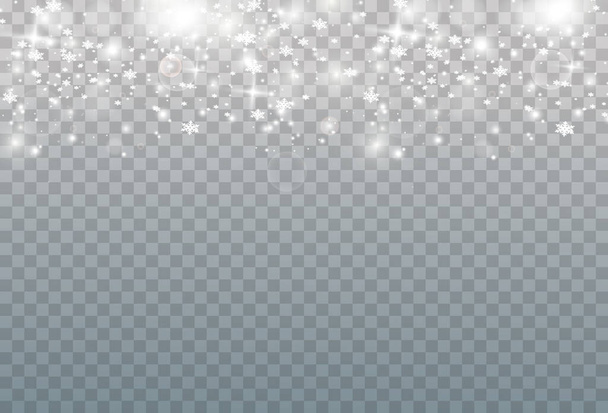 Fondo de invierno abstracto de copos de nieve soplados por el viento sobre un fondo blanco transparente. - Vector, imagen
