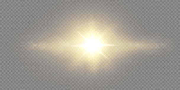 El sol está brillando rayos de luz brillante con un resplandor realista. Estrella de luz sobre fondo negro transparente. - Vector, imagen