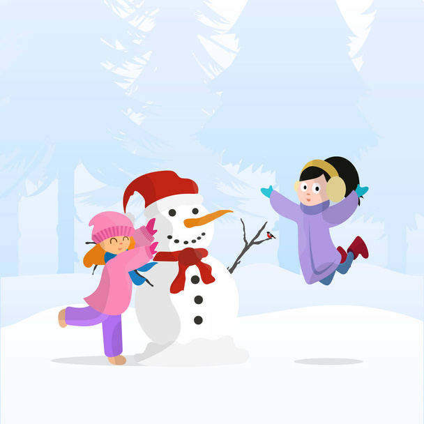 Crianças felizes fazem um boneco de neve. Floresta nevada, meninas em roupas quentes, boneco de neve de Ano Novo. Adequado para postais e livros. Vetor. - Vetor, Imagem