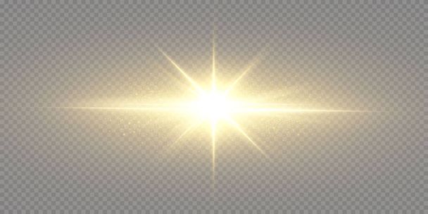 El sol está brillando rayos de luz brillante con un resplandor realista. Estrella de luz sobre fondo negro transparente. - Vector, Imagen