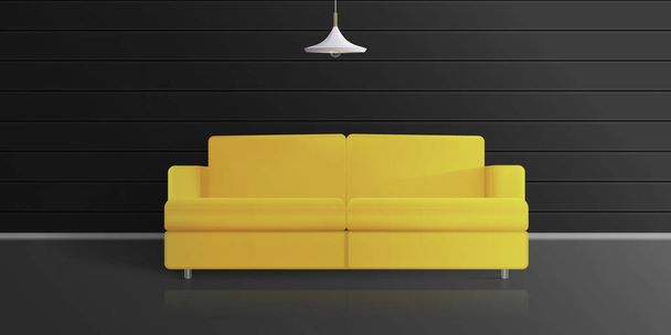 Żółta sofa z ciemnym pokojem. Realistyczny wektor stylowy pokój na poddaszu. - Wektor, obraz