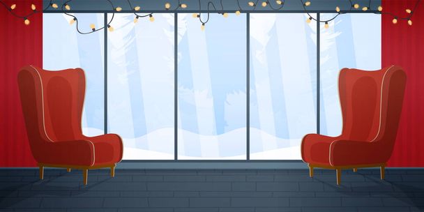Sala di Natale con una grande finestra panoramica che si affaccia sul bosco. Poltrona vintage rossa, ghirlande con lampadine, inverno nella foresta. Vettore. - Vettoriali, immagini