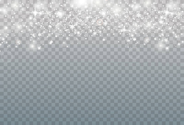 Fondo de invierno abstracto de copos de nieve soplados por el viento sobre un fondo blanco transparente. - Vector, imagen