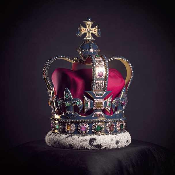 Βασιλικό χρυσό στέμμα με κοσμήματα στο μαξιλάρι σε μαύρο φόντο. Σύμβολα της βρετανικής μοναρχίας του Ηνωμένου Βασιλείου. 3D εικονογράφηση - Φωτογραφία, εικόνα