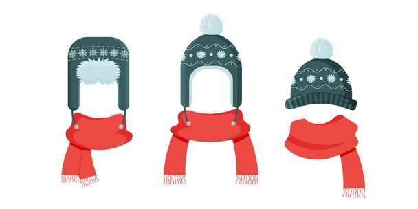 Warm knitted winter hat and scarf. Green hat with a vintage pattern. Red knitted scarf. For design on New Year's or Christmas themes. Vector illustration. Flat style. - Vector, Image