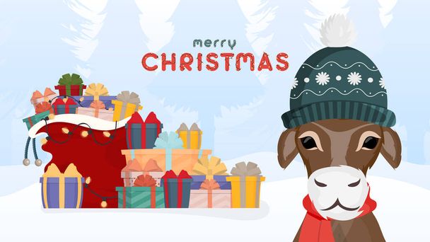 Boldog karácsonyt, zászlós. Egy bika meleg téli kalapban a téli erdő hátterében. Egy rakás ajándék. Vektorillusztráció. - Vektor, kép