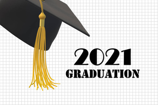 Graduation 2021 cap. Classe de 2021 année. Concept éducatif, isolé, illustration 3D - Photo, image