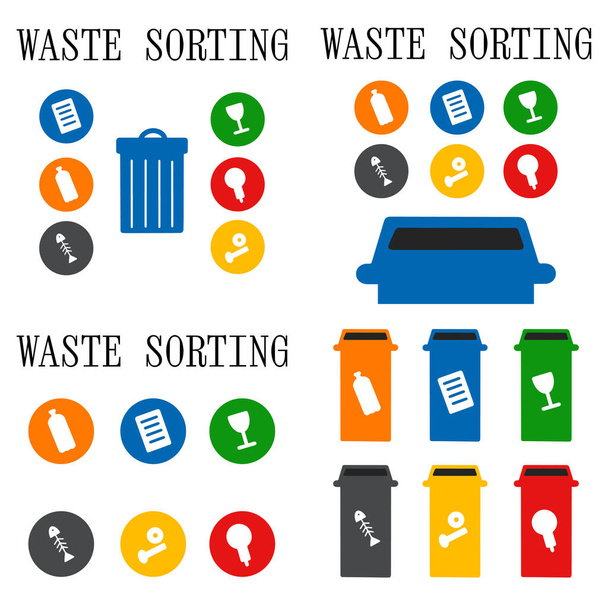 Aseta jäteastiat. Litteät säiliöt kierrätettäville materiaaleille, jäteastiat jätteiden lajittelua varten. Korityypit ja jätevektorin kuvitus. - Vektori, kuva