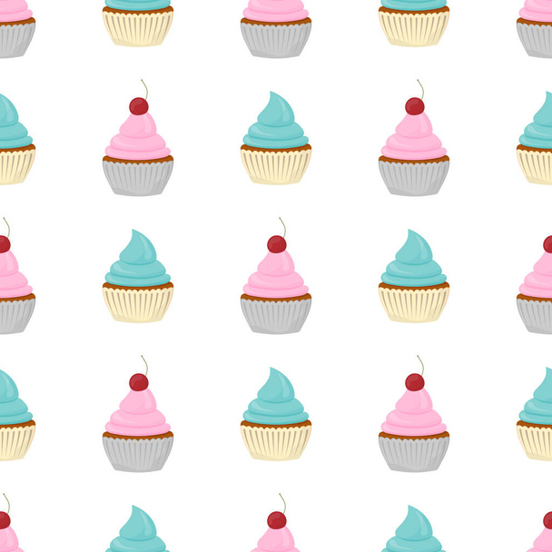 Seamless pattern with different cupcakes on a white background. Sweet pastries decorated with hearts, cherry, flower and star. - Vector, Image