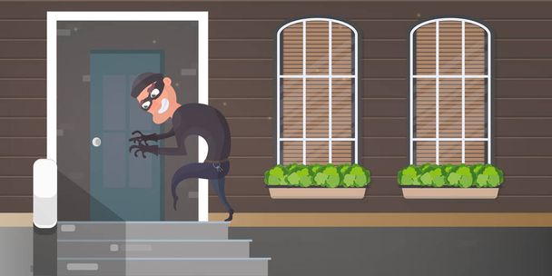 A rabló megpróbálja betörni az ajtót. A tolvaj belopózik a házba. Biztonsági koncepció. Vektorillusztráció. - Vektor, kép