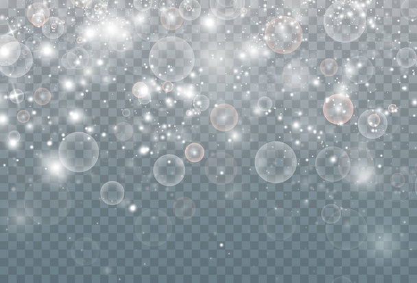 Fondo de invierno abstracto de copos de nieve soplados por el viento sobre un fondo blanco transparente. - Vector, Imagen
