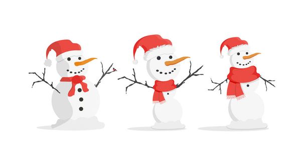 Conjunto vetorial de três bonecos de neve de Natal isolados em um fundo branco. - Vetor, Imagem