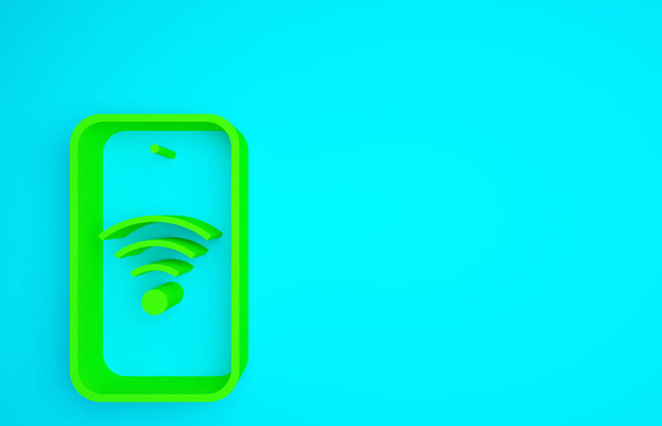 Grünes Smartphone mit kostenlosem WLAN-Funkverbindungssymbol isoliert auf blauem Hintergrund. Drahtlose Technologie, Wi-Fi-Verbindung, drahtloses Netzwerk. Minimalismus-Konzept. 3D Illustration 3D Renderer. - Foto, Bild