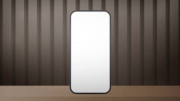 Un telefono con uno schermo bianco è sul tavolo. Poster realistico marrone a strisce Sfondo con metallo o legno lucido. Vettore realistico. - Vettoriali, immagini