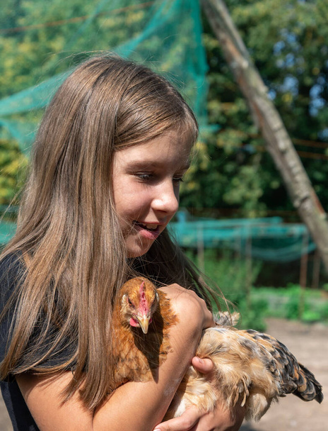 Menina rural com galinha marrom. - Foto, Imagem
