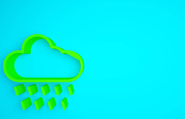 Zielona chmura z ikoną deszczu na niebieskim tle. Deszczowe opady deszczu z kroplami deszczu. Koncepcja minimalizmu. Ilustracja 3D 3D renderowania. - Zdjęcie, obraz
