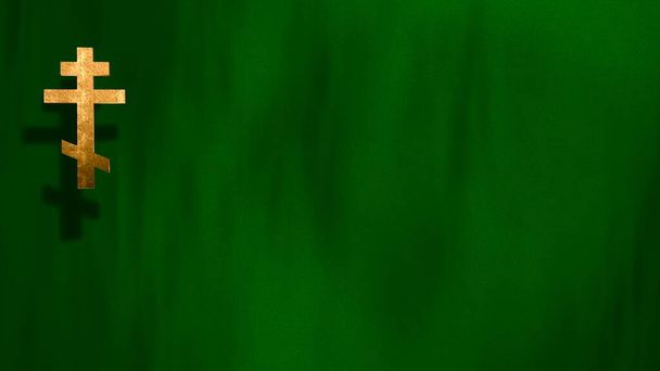 Terciopelo verde litúrgico con cruz ortodoxa rusa cristiana dorada. Fondo de ilustración 3D para la adoración en vivo sermón iglesia corriente. Concepto para el Domingo de Ramos, Pentecostés, Día del Espíritu Santo y Fiestas. - Foto, Imagen