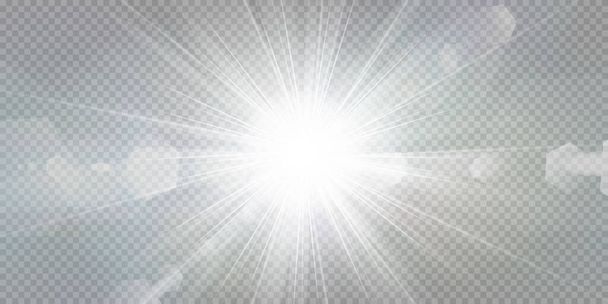 Shining stars isolated on a transparent white background. Effects, glare, radiance, explosion, white light, set. The shining of stars, beautiful sun glare. Vector illustration. - Vector, Image