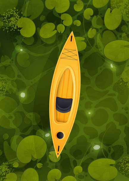 Un kayak amarillo flota a través de un pantano con hojas de lirio de agua, vista superior. Vector de dibujos animados estilo paisaje de río verde u ocre superficie con plantas acuáticas. - Vector, imagen