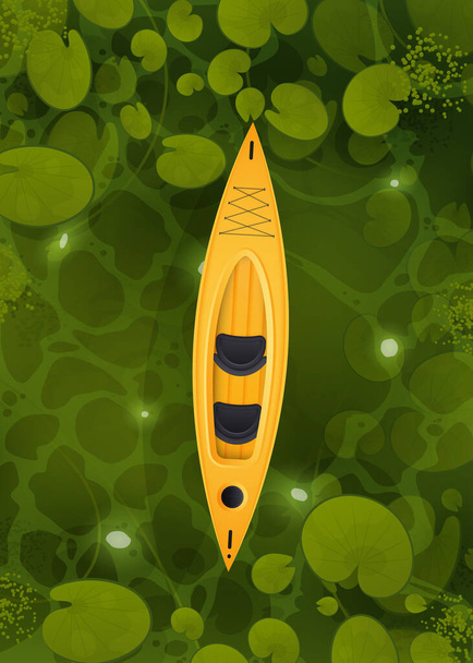 Sarı bir kano, nilüfer yapraklarıyla bir bataklıkta yüzüyor. Yeşil nehrin vektör karikatür tarzı manzarası ya da su bitkileriyle tıkanmış yüzey. - Vektör, Görsel