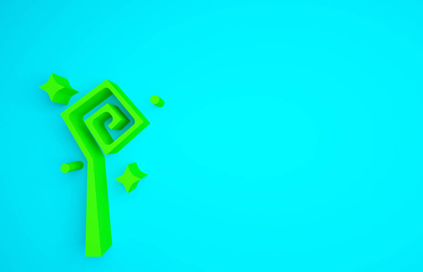 緑色のマジックスタッフアイコンは青の背景に隔離されています。魔法の杖、杖、棒、棒。最小限の概念。3Dイラスト3Dレンダリング. - 写真・画像