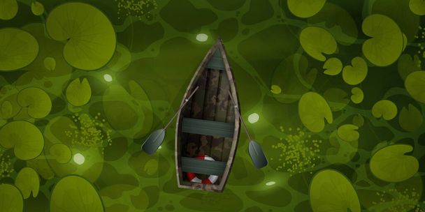 Álcázóhajó úszik a mocsárban a vízililiom levelek, felülnézetből. Tájkép egy zöld folyó vagy okker felület vízi növények. Vektor rajzfilm stílus - Vektor, kép