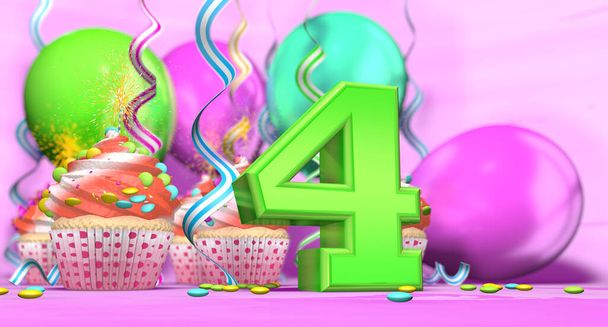 ピンクの背景にチョコレートチップと風船で飾られた赤いクリームとカップケーキと緑の4大の数で輝くキャンドルを持つ誕生日カップケーキ。3Dイラスト - 写真・画像