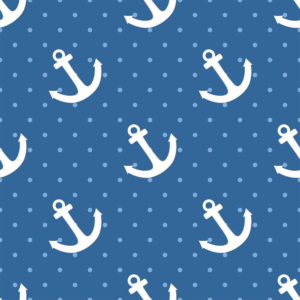 Piastrelle modello vettore marinaio con ancora bianca e pois su sfondo blu pastello - Vettoriali, immagini