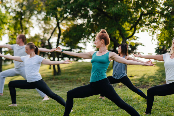 A group of people do yoga in the Park at sunset. Healthy lifestyle, meditation and Wellness - Фото, зображення